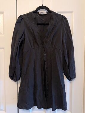 Zara Black Lace-Trim Button-Front Tunic Dress, Size S